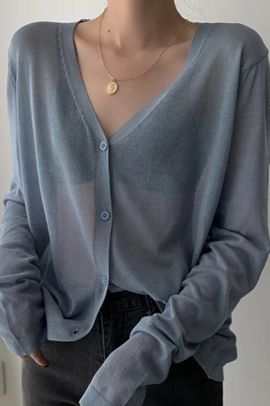 V Neck Lightweight Knit Cardigan Grey / One Size
