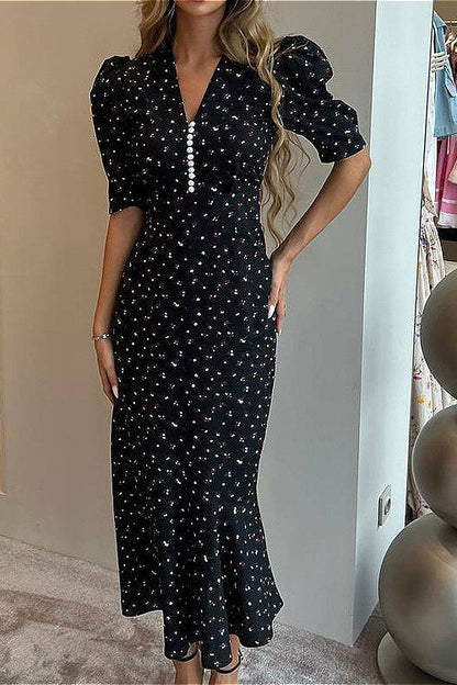 V Neck Ruffled High Waist Short Sleeve Floral Dress