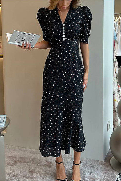 V Neck Ruffled High Waist Short Sleeve Floral Dress