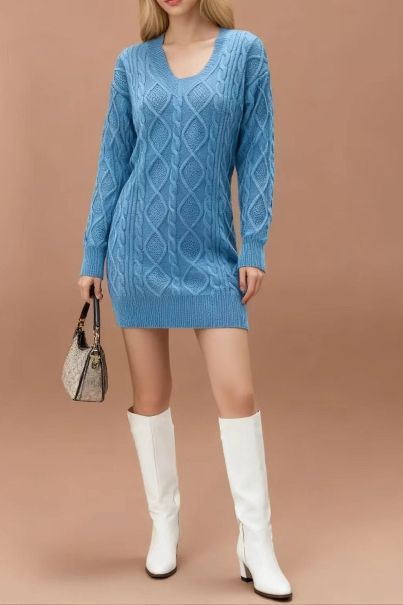 V-Neck Solid Cable-Knit Sweater Mini Dress