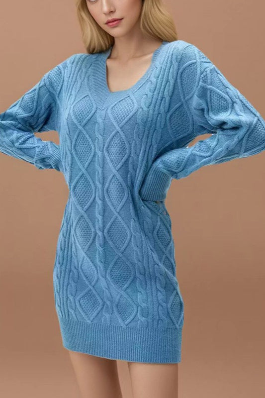 V-Neck Solid Cable-Knit Sweater Mini Dress