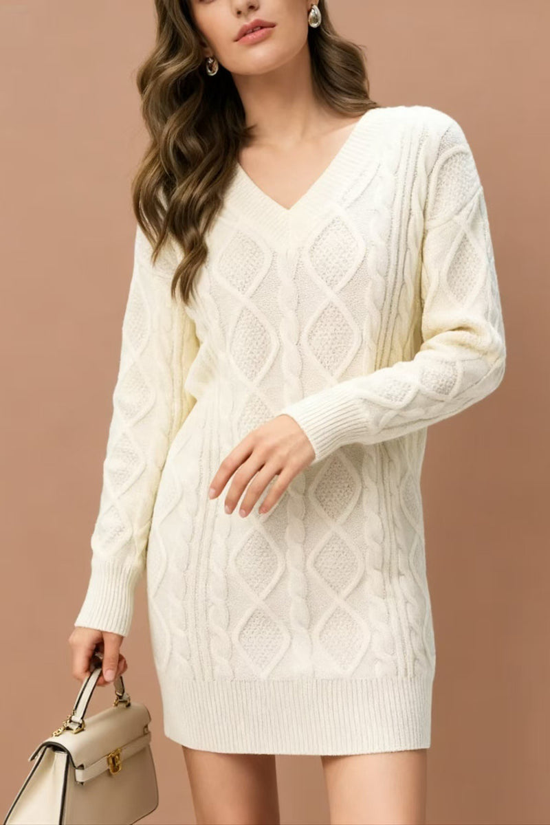V-Neck Solid Cable-Knit Sweater Mini Dress