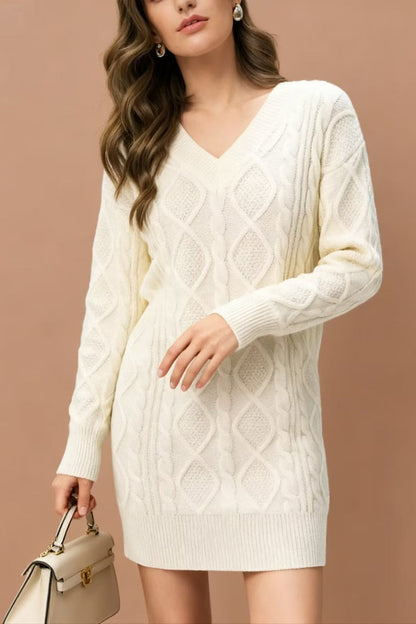 V-Neck Solid Cable-Knit Sweater Mini Dress