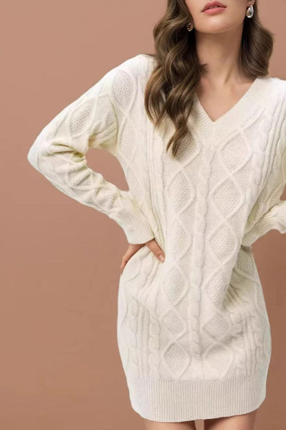 V-Neck Solid Cable-Knit Sweater Mini Dress