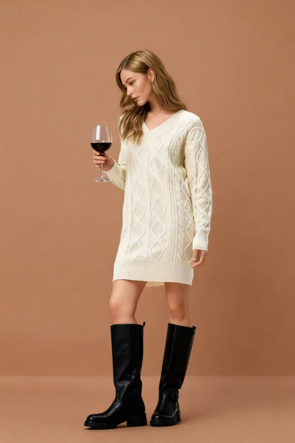 V-Neck Solid Cable-Knit Sweater Mini Dress