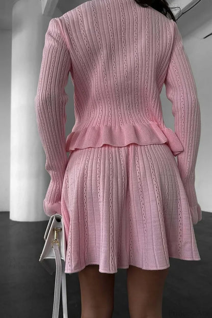 V-Neck Sparkle Ruffled Waist-Cinched Knit Chic Two Piece Set