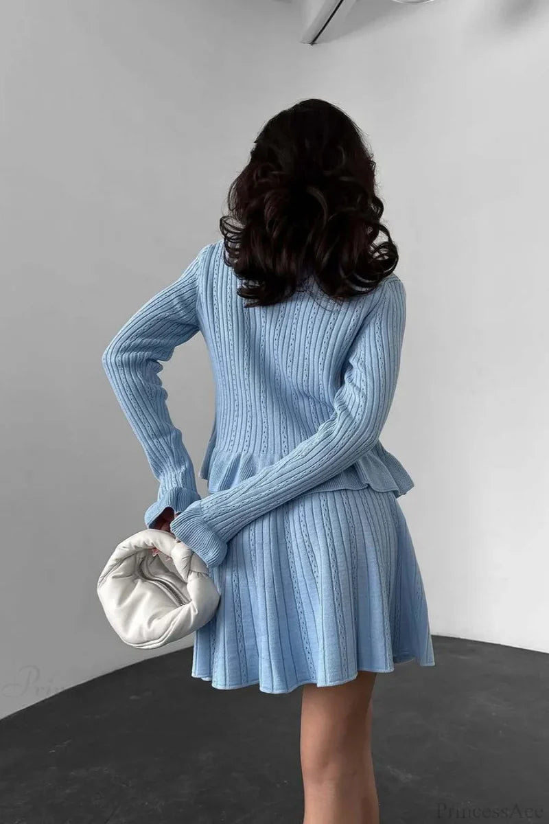 V-Neck Sparkle Ruffled Waist-Cinched Knit Chic Two Piece Set