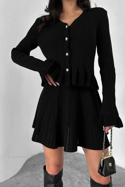 V-Neck Sparkle Ruffled Waist-Cinched Knit Chic Two Piece Set Black / S