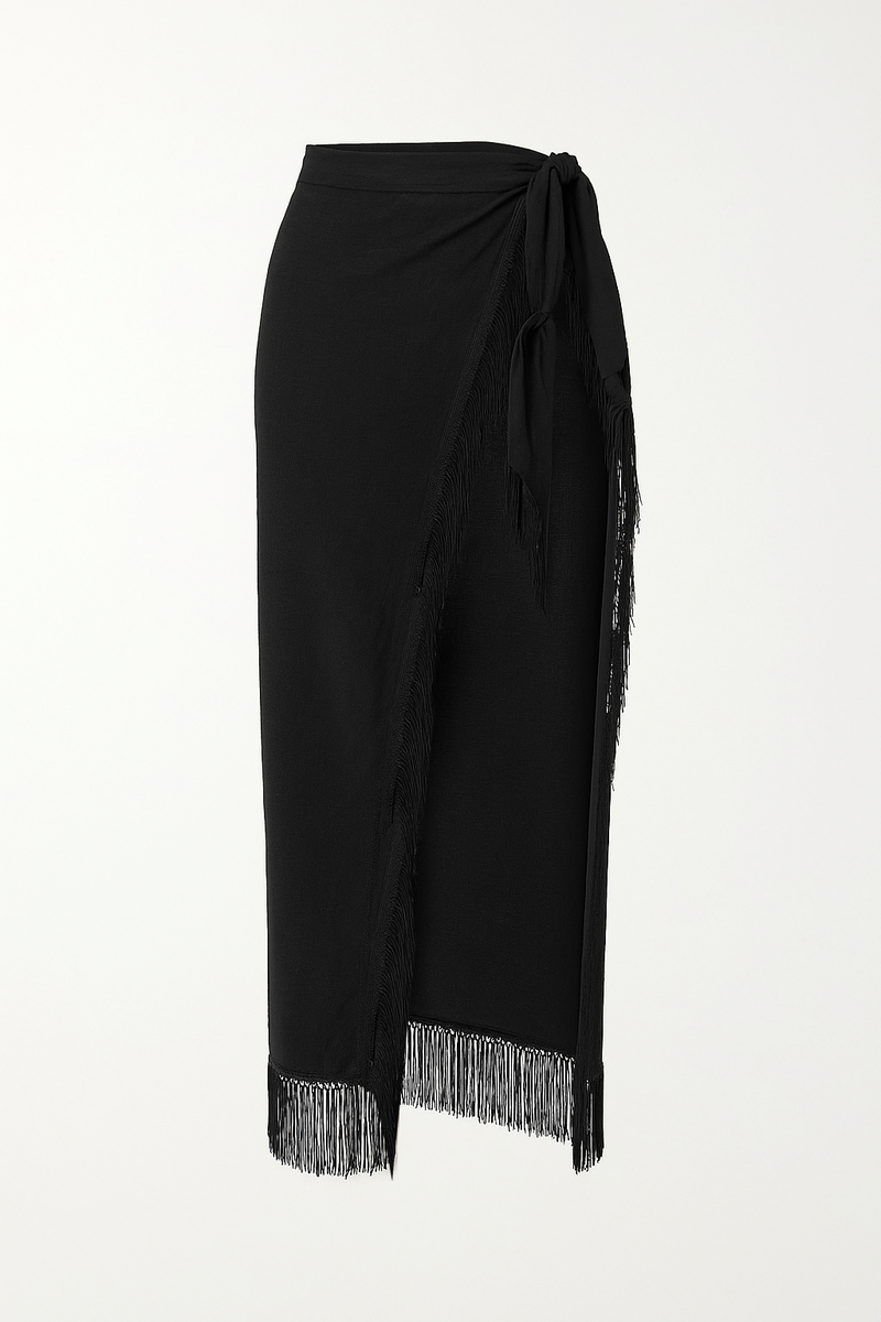 Back view of the black sarong showing the silhouette and fit.
