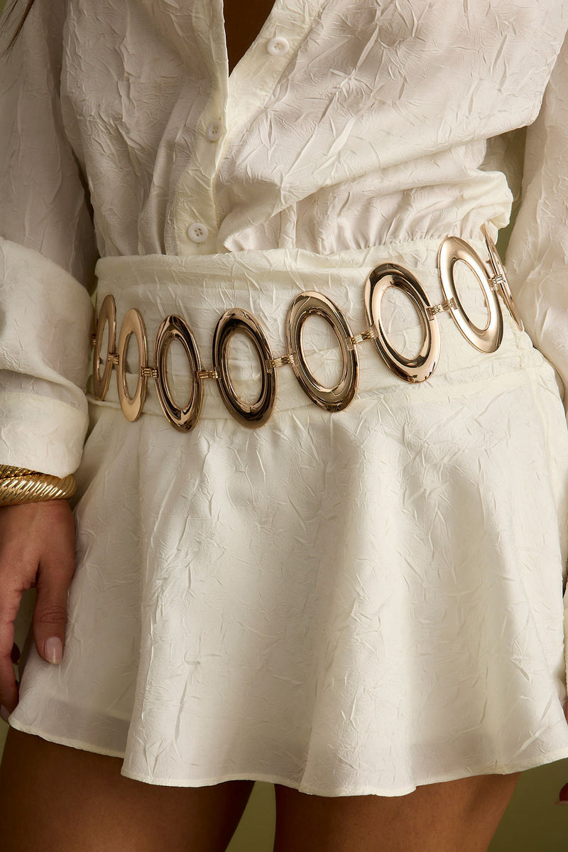 Close-up of the Valentina Gold Chain Belt showcasing the fabric texture and design details.