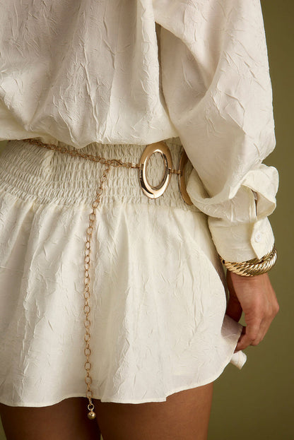 Valentina Gold Chain Belt styled in a complete look from an alternate angle.