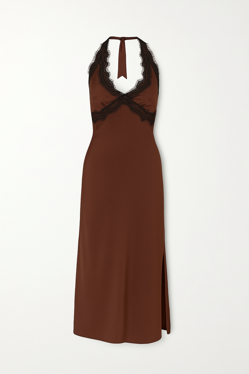 Detail shot of the Vanessa Espresso Satin Midi Dress highlighting the satin elements.