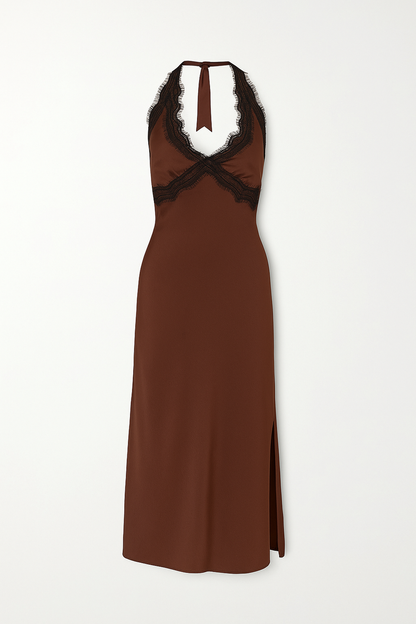 Detail shot of the Vanessa Espresso Satin Midi Dress highlighting the satin elements.