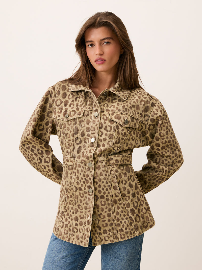 JAMAL Savannah leopard print safari denim jacket, front view by Rouje
