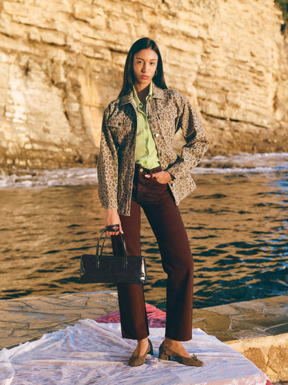 JAMAL Savannah leopard print safari jacket, lifestyle setting by Rouje