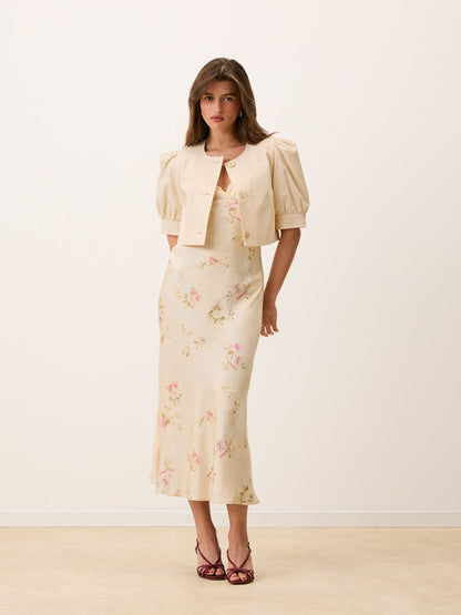 MINETTE Garden Party ecru floral long lace dress, detail of neckline by Rouje