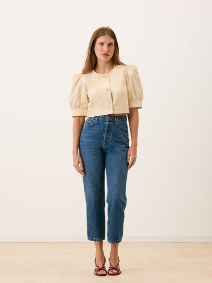 MAYA beige cotton bolero jacket, lifestyle setting by Rouje