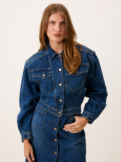 SAMIR indigo denim short boxy jean jacket, front view by Rouje