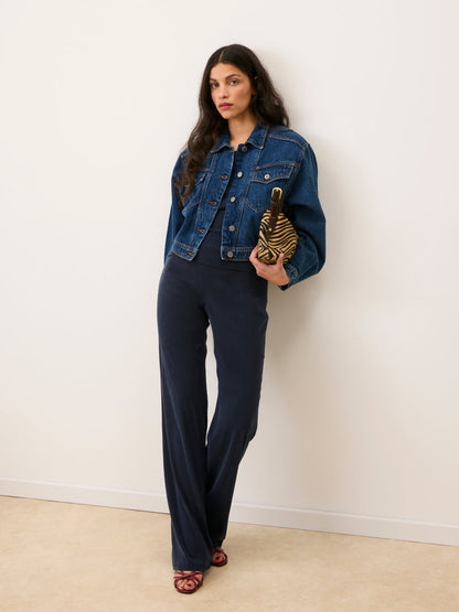 SAMIR indigo denim jacket worn on a model by Rouje