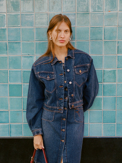 SAMIR indigo denim short boxy jacket, lifestyle setting by Rouje