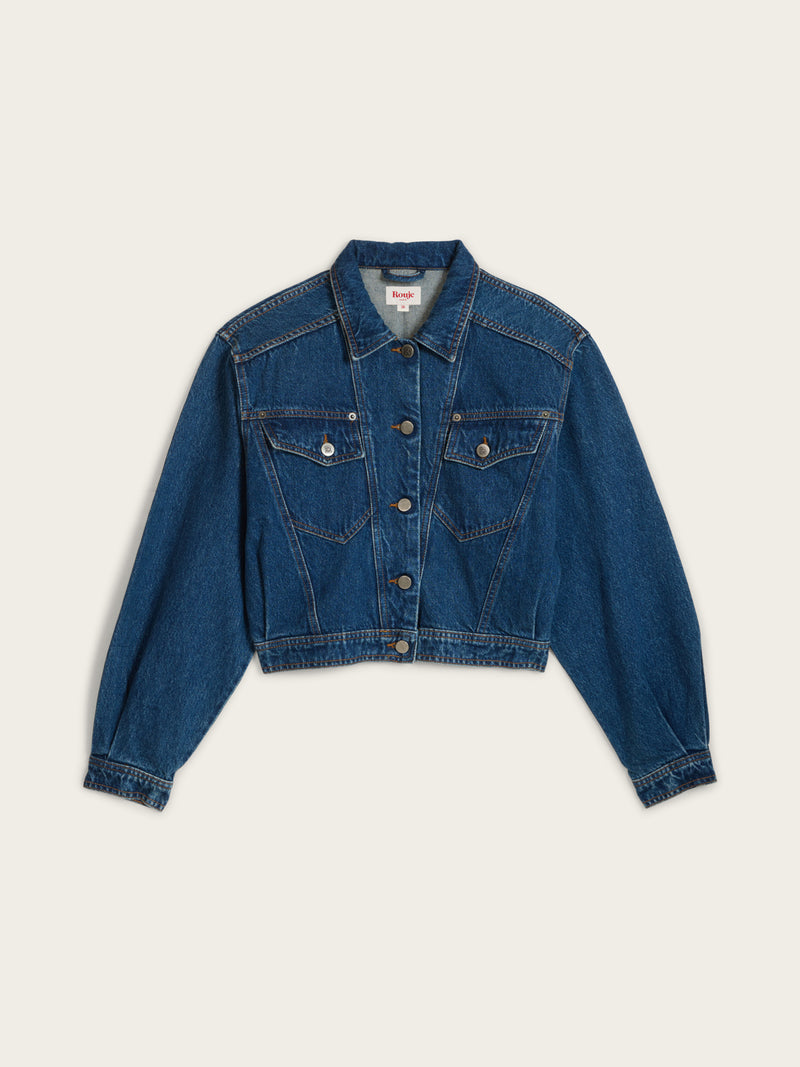 SAMIR indigo denim short boxy jean jacket, flat packshot by Rouje