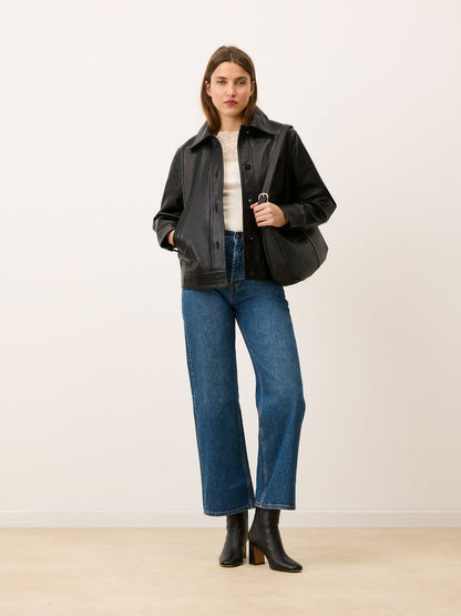 STAN cachou leather straight jacket, back view by Rouje