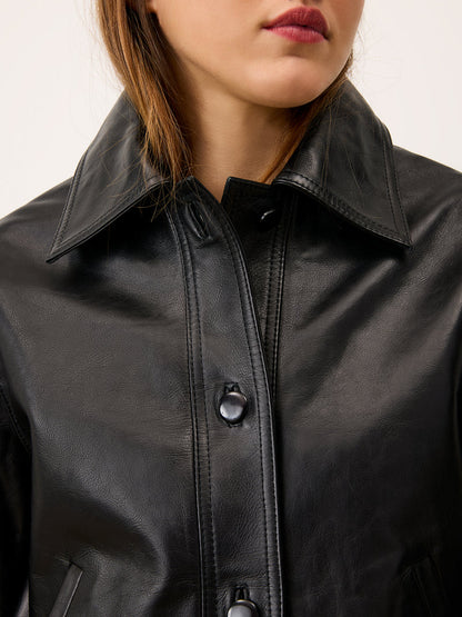 STAN cachou leather straight jacket, detail of piped pockets by Rouje