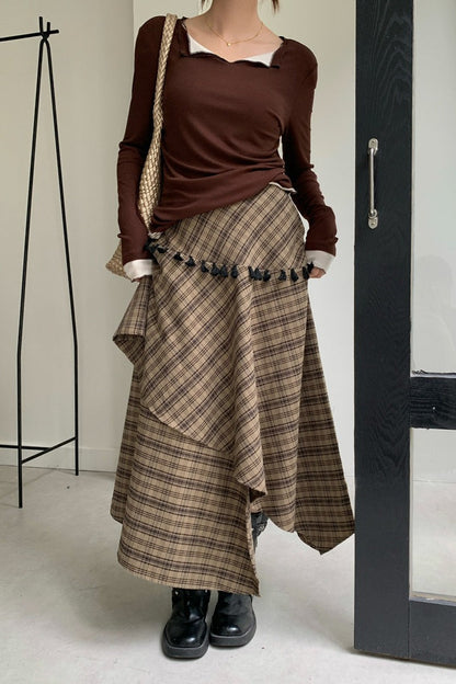 Vintage Asymmetrical Plaid Maxi Skirt