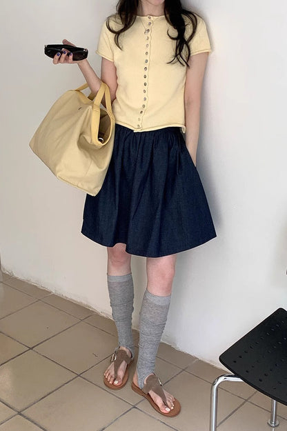 Vintage Blue High Waist A Line Denim Mini Skirt