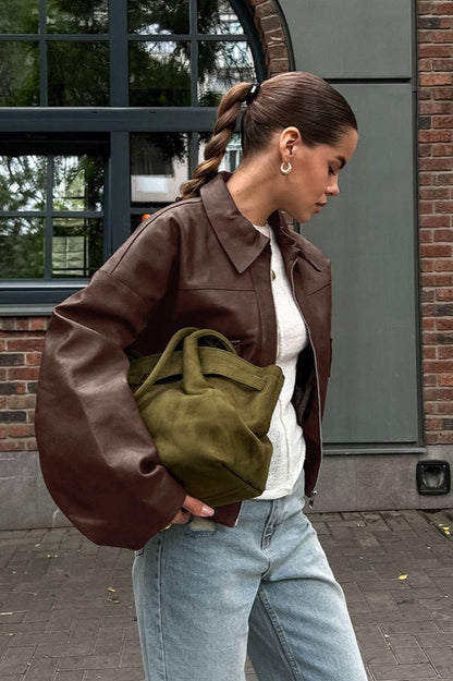 Vintage Brown PU Leather Jacket Brown / S