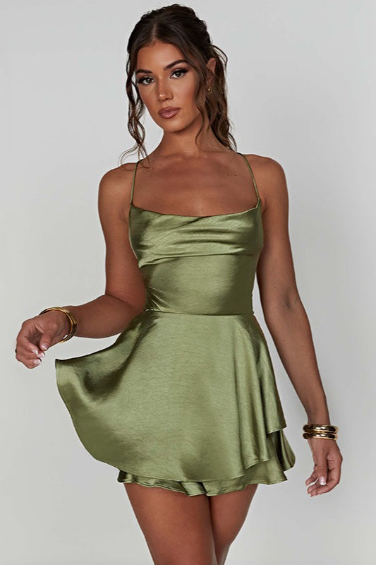 Vintage Cowl Neck Backless Tie Strap Mini Dress