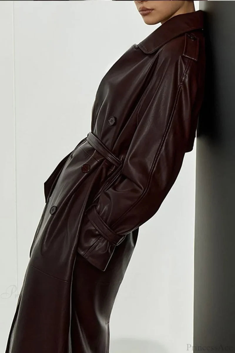 Vintage Elegant Minimalist Tie-Waist Faux Leather Overcoat