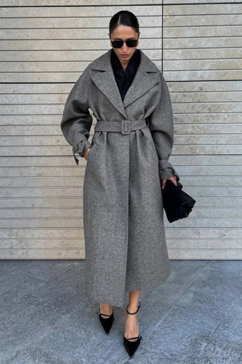 Vintage Elegant Wool Tie Waist Relaxed Overcoat Grey / S