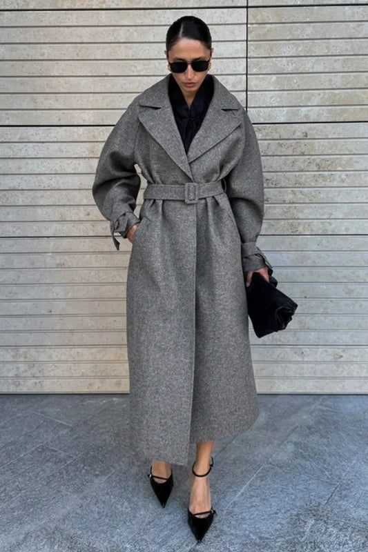 Vintage Elegant Wool Tie Waist Relaxed Overcoat Grey / S