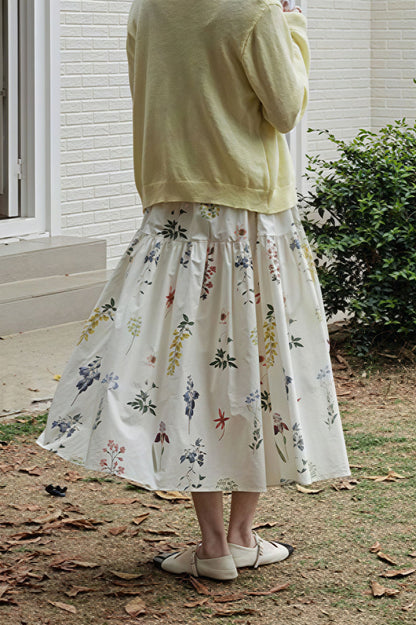 Vintage Floral Pleated A - line Midi Skirt