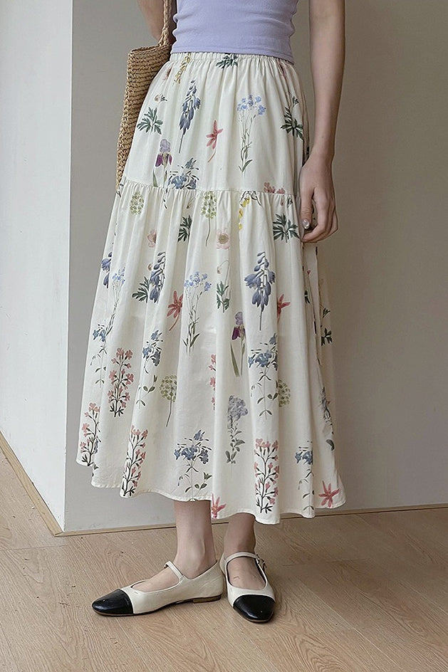 Vintage Floral Pleated A - line Midi Skirt