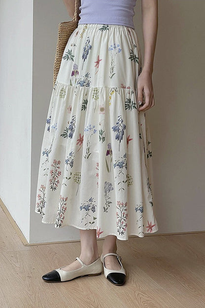 Vintage Floral Pleated A - line Midi Skirt