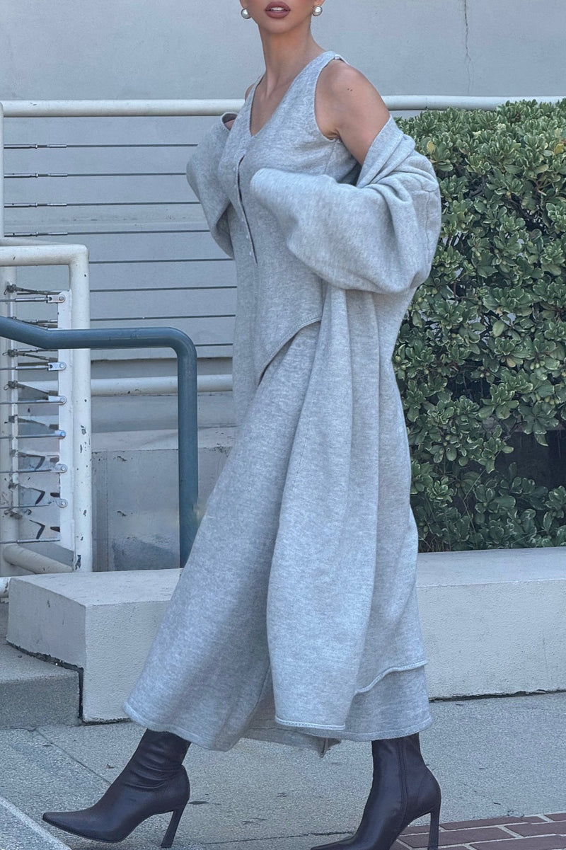 Vintage Gray Knit Jacket Vest & Maxi Skirt Three Piece Set