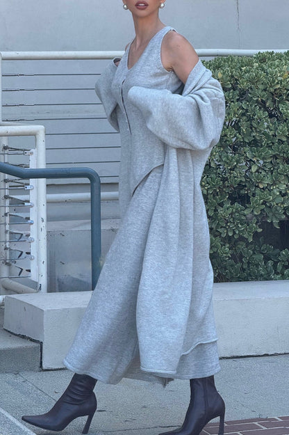 Vintage Gray Knit Jacket Vest & Maxi Skirt Three Piece Set