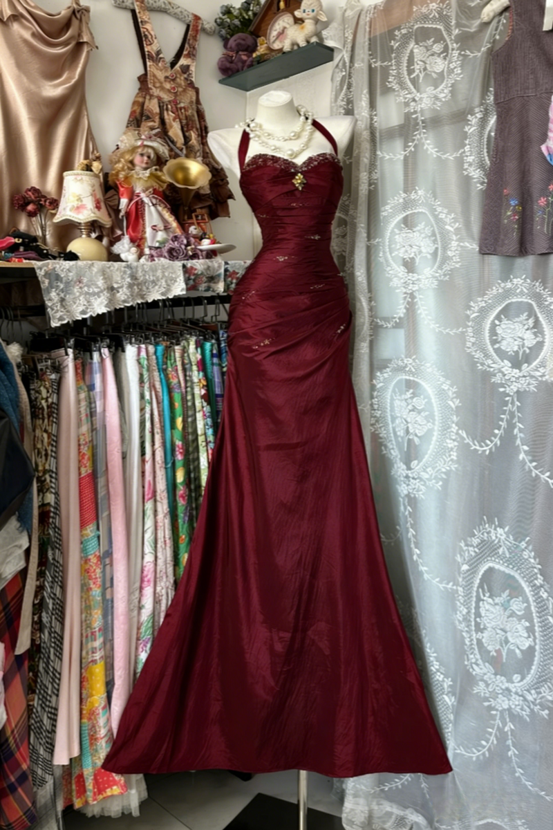 Vintage Halter Sheath Long Prom Dresses Beaded Satin Blue Evening Dresses Sleeveless Birthday Dresses