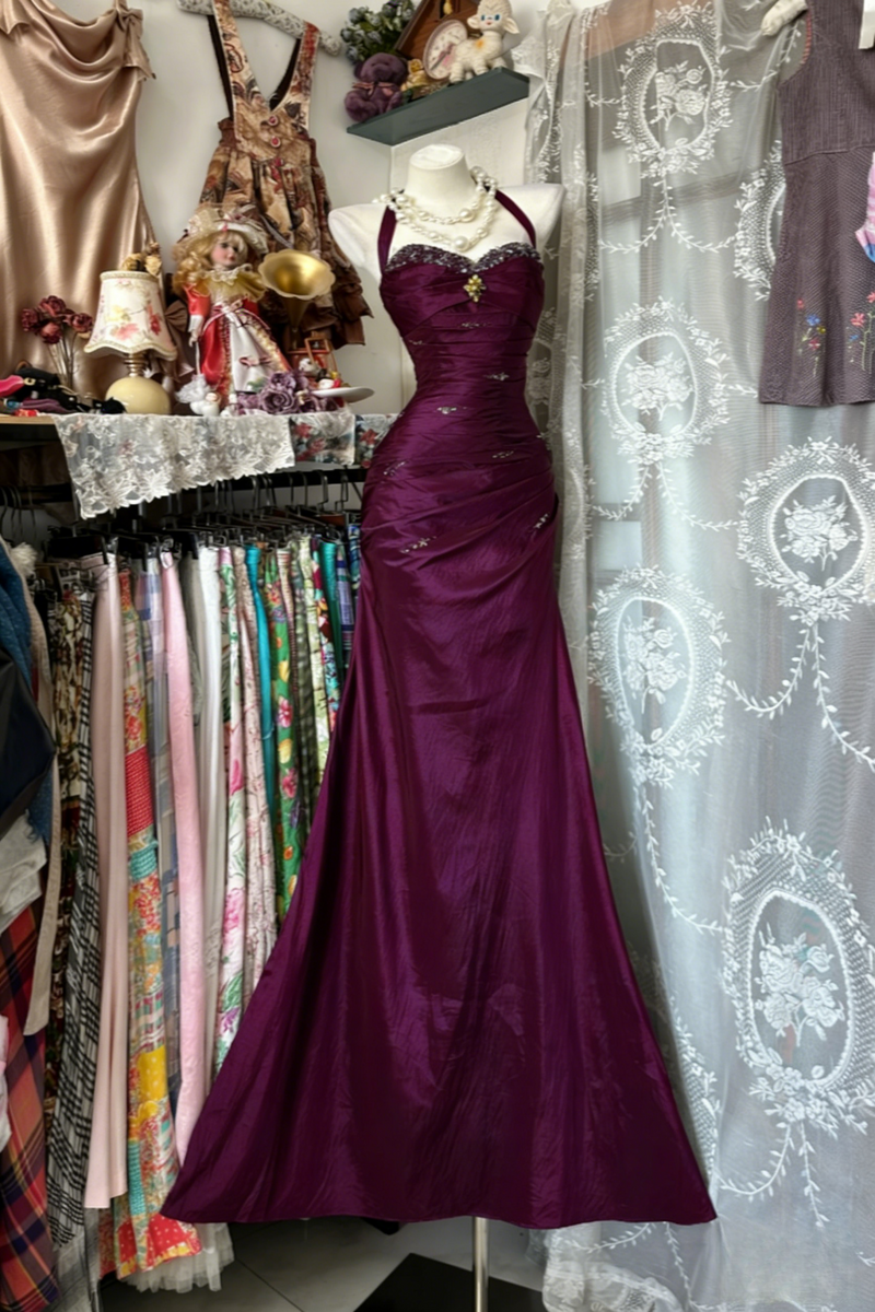 Vintage Halter Sheath Long Prom Dresses Beaded Satin Blue Evening Dresses Sleeveless Birthday Dresses