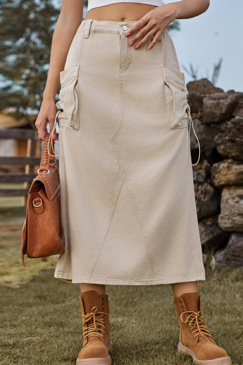 Vintage High-Waist Denim Cargo Midi Skirt