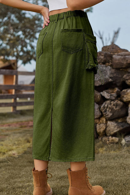 Vintage High-Waist Denim Cargo Midi Skirt