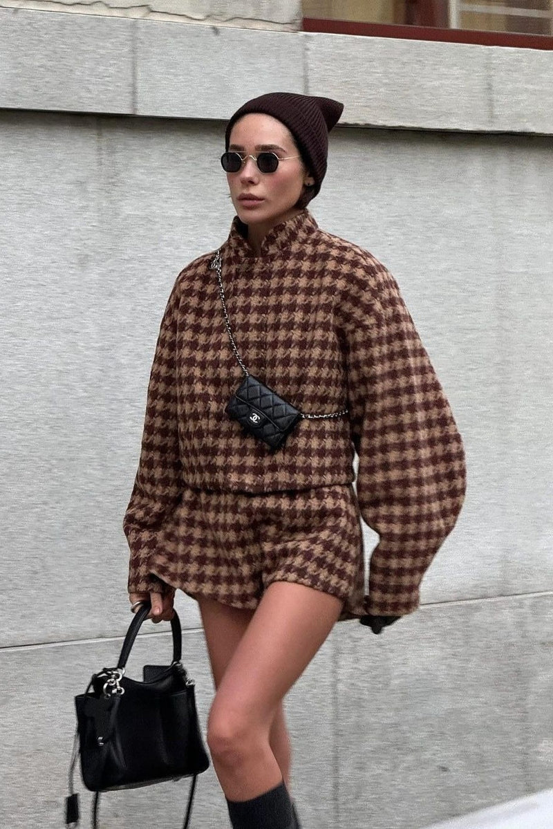 Vintage Houndstooth Zip Jacket and Shorts Two Piece Set