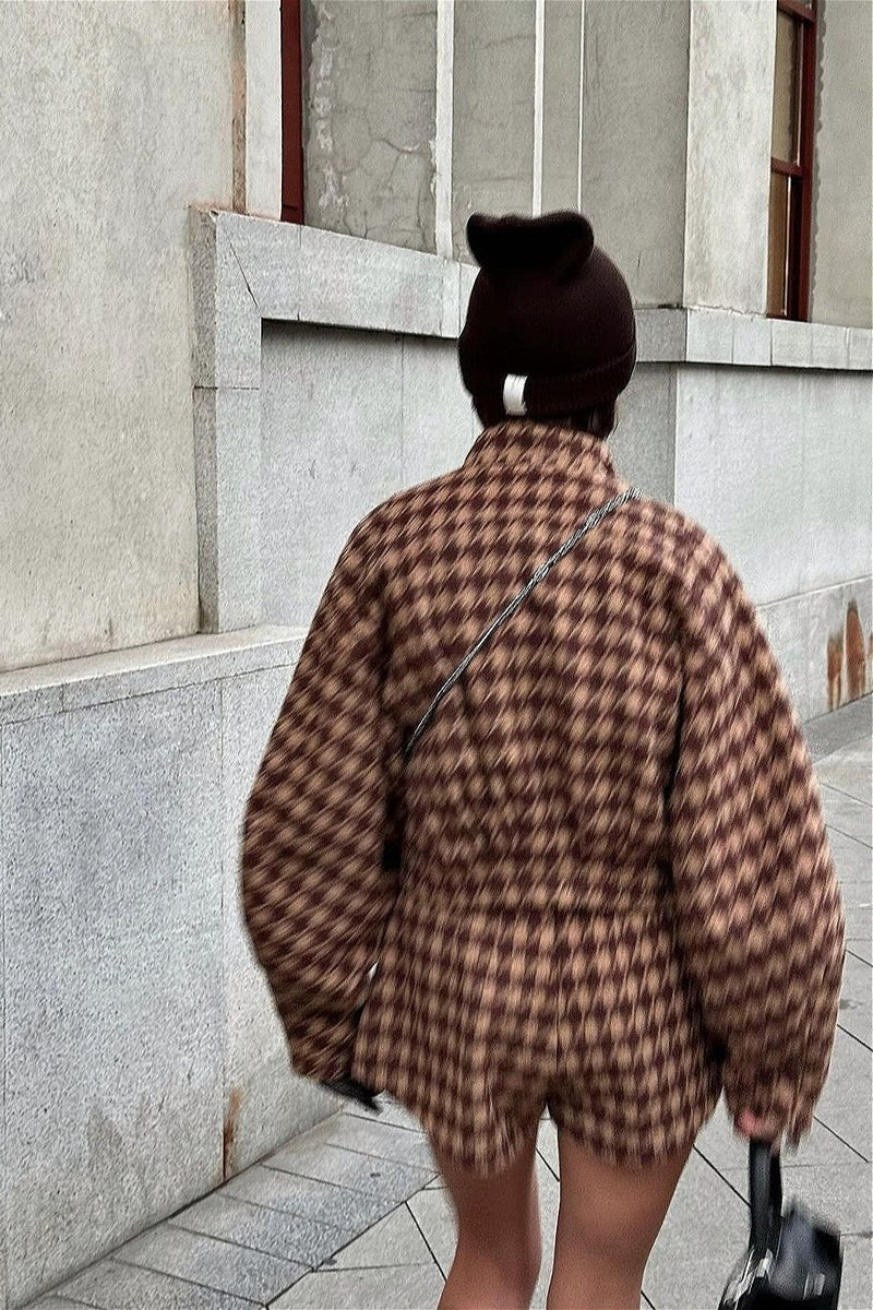 Vintage Houndstooth Zip Jacket and Shorts Two Piece Set