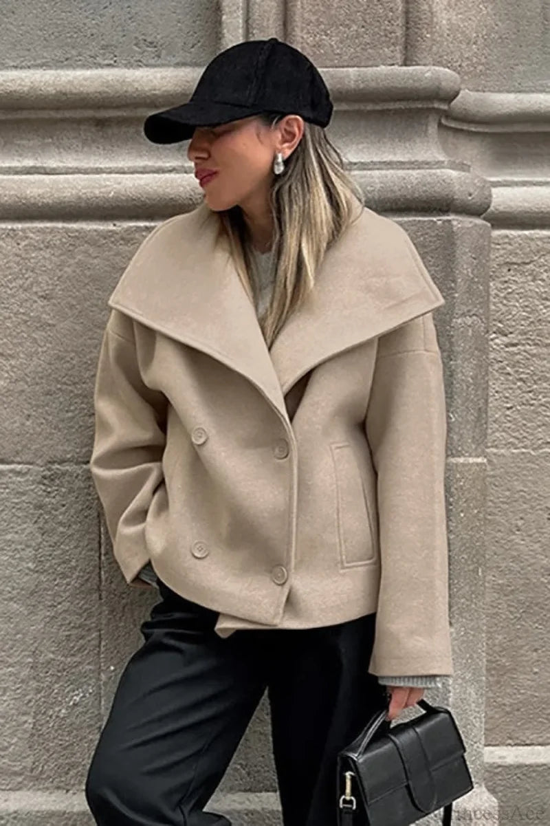 Vintage Khaki Double Breasted Thickened Wool Blend Coat Khaki / S