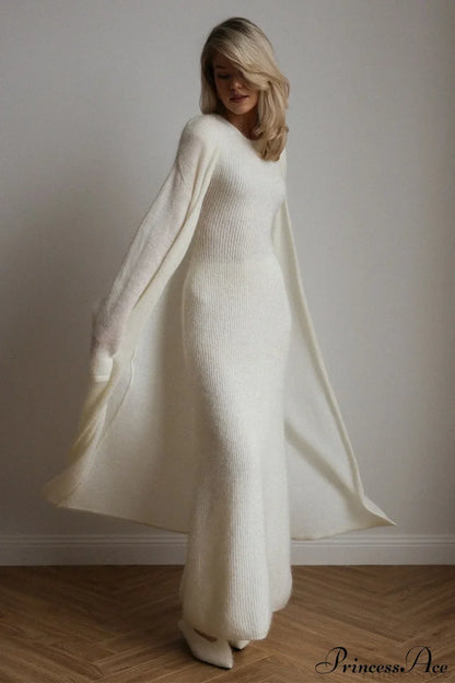 Vintage Knit Cardigan and Sleeveless Dress Two Piece Set White / S