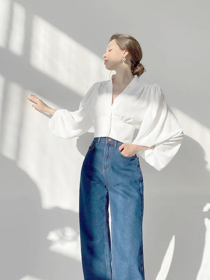 Vintage Lantern Sleeve V-Neck Slim Fit Blouse