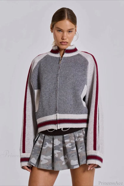 Vintage Letter Knit Cardigan Sweater Grey / S