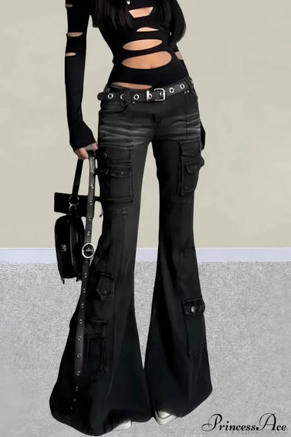 Vintage Multi-pocket Y2K Slim Flare Jeans Black / S